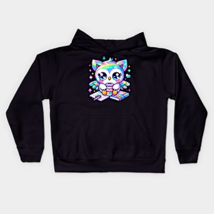 Kawaii Holographic Owl with Coffee and Study Notes Kids Hoodie